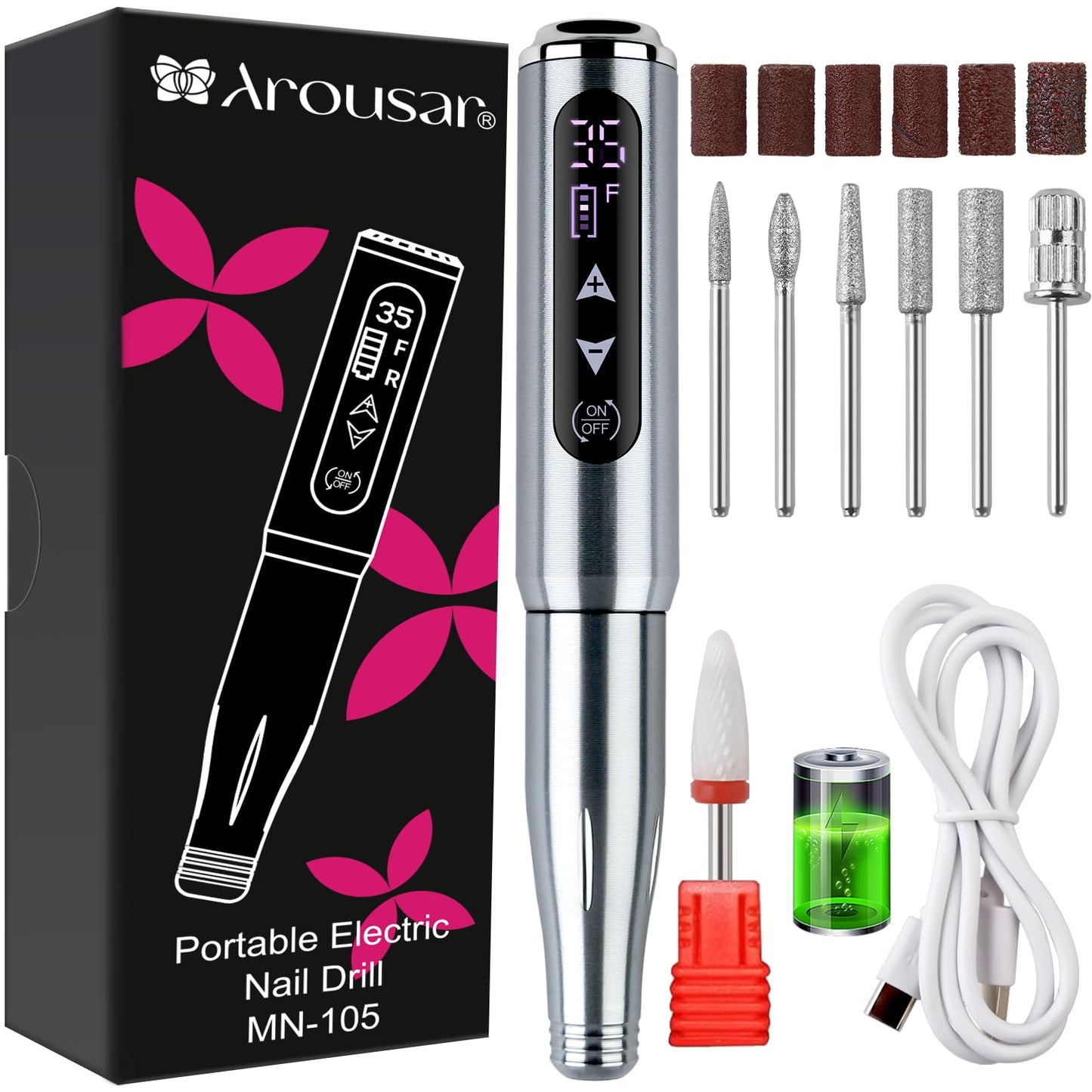 Arousar Electric Nail Drill Cordless, 35000RPM Touchscreen Rechargeable Nail Drill Portable LCD Display Electric Nail File Machine for Professional Manicure Pedicure and Polishing