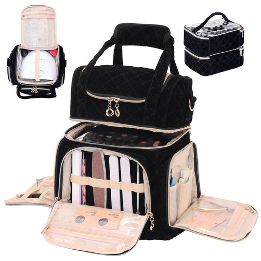 Yofuly Nail Polish Bag Organizer, Nail Polish Organizer Holds 70 Bottles And 1 Nail Lamp, Nail Polish Holder Organizer Case Bag With 2 Tools Storage Side Pockets (Black)