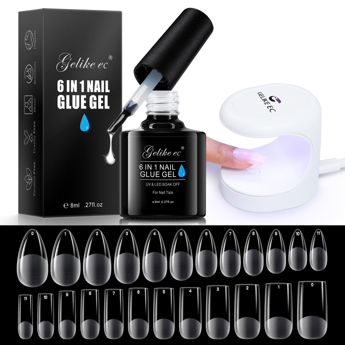 Gelike EC Gel X Nail Kit 6 In 1 Nail Glue Gel with Soft Gel Nail Tips Almond and Square 240Pcs Shape and UV LED Lamp Easy DIY Home Nail Art Acrylic Nail Kit Manicure