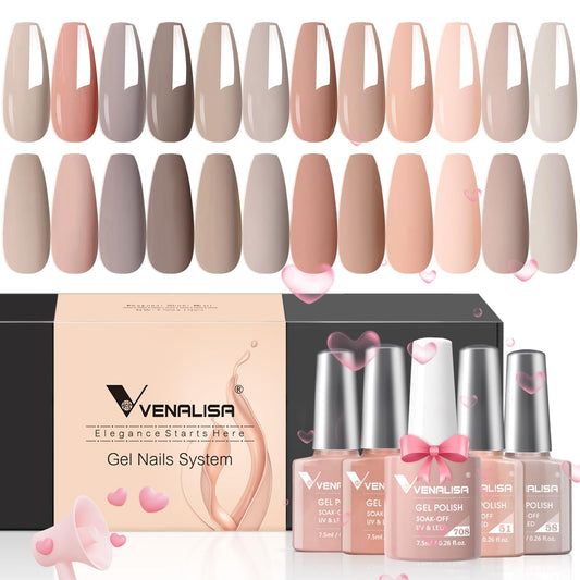VENALISA Gel Nail Polish Set - 12 Pcs 7.5ml Nude Light Pink All Seasons Skin Tones Neutral Pink Brown Gel Polish Kit, Soak Off UV LED Gel Polish Set Nail Art Salon Manicure DIY Gifts