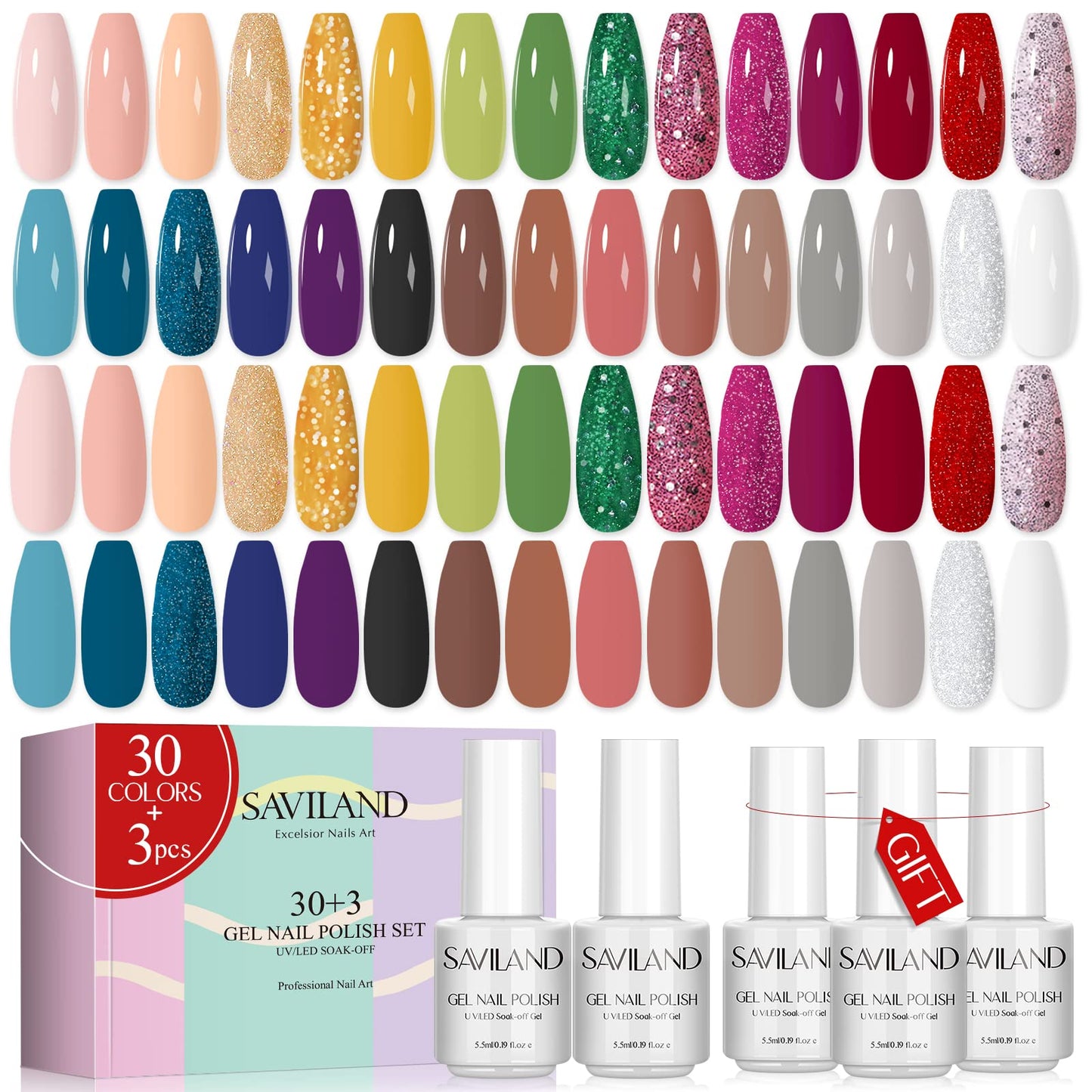 SAVILAND 33PCS Gel Nail Polish Kit – 30 Colors Gel Polish Nail Art Set with Base Glossy & Matte Top Gel Manicure Starter Kit for Home DIY Nail Salon